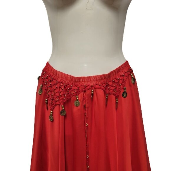 Red Belly Dance Performance Costume Sequin Beaded Skirt Elastic Waistband NEW - Picture 2 of 4